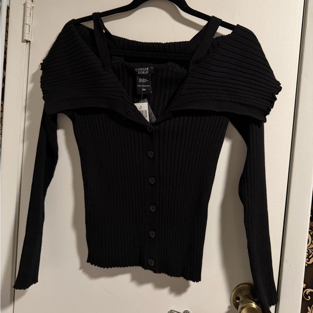 Black Ribbed Off the Shoulder Sweater